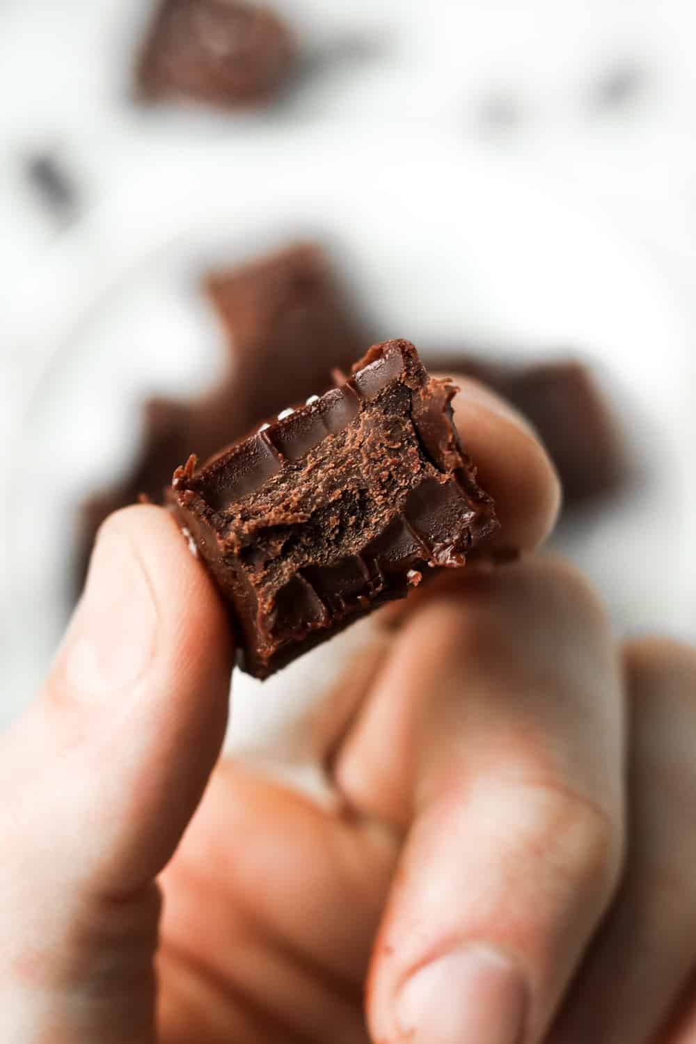 A hand holding a piece of chocolate fudge that has a bite taken out of it.