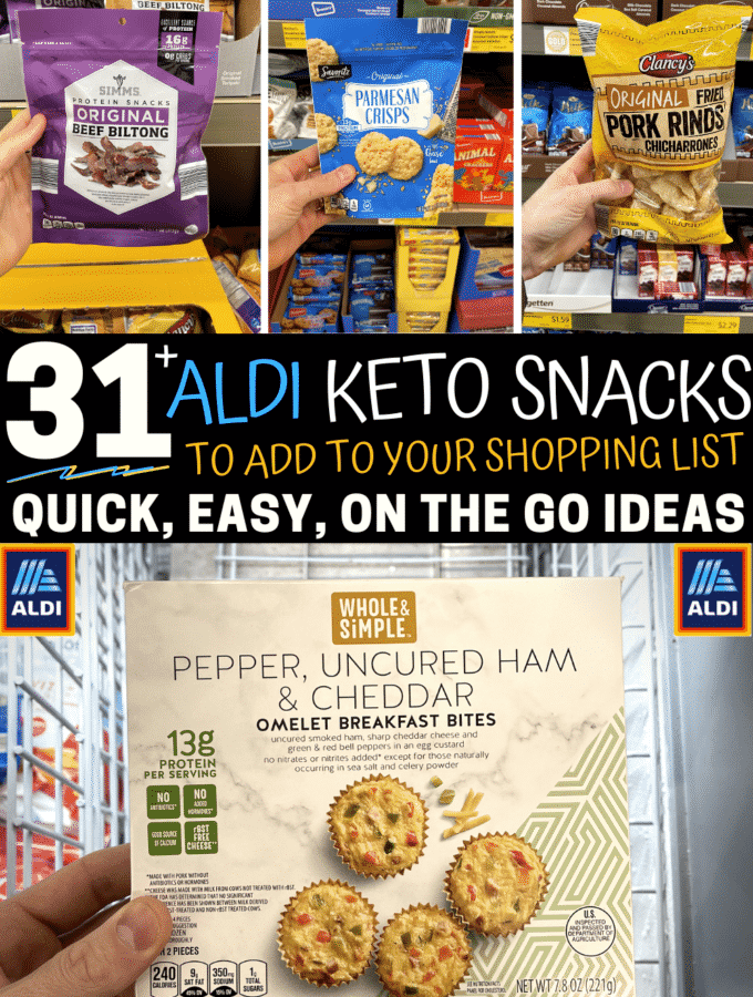 A compilation of 4 photos of different snack options that Aldi sells.