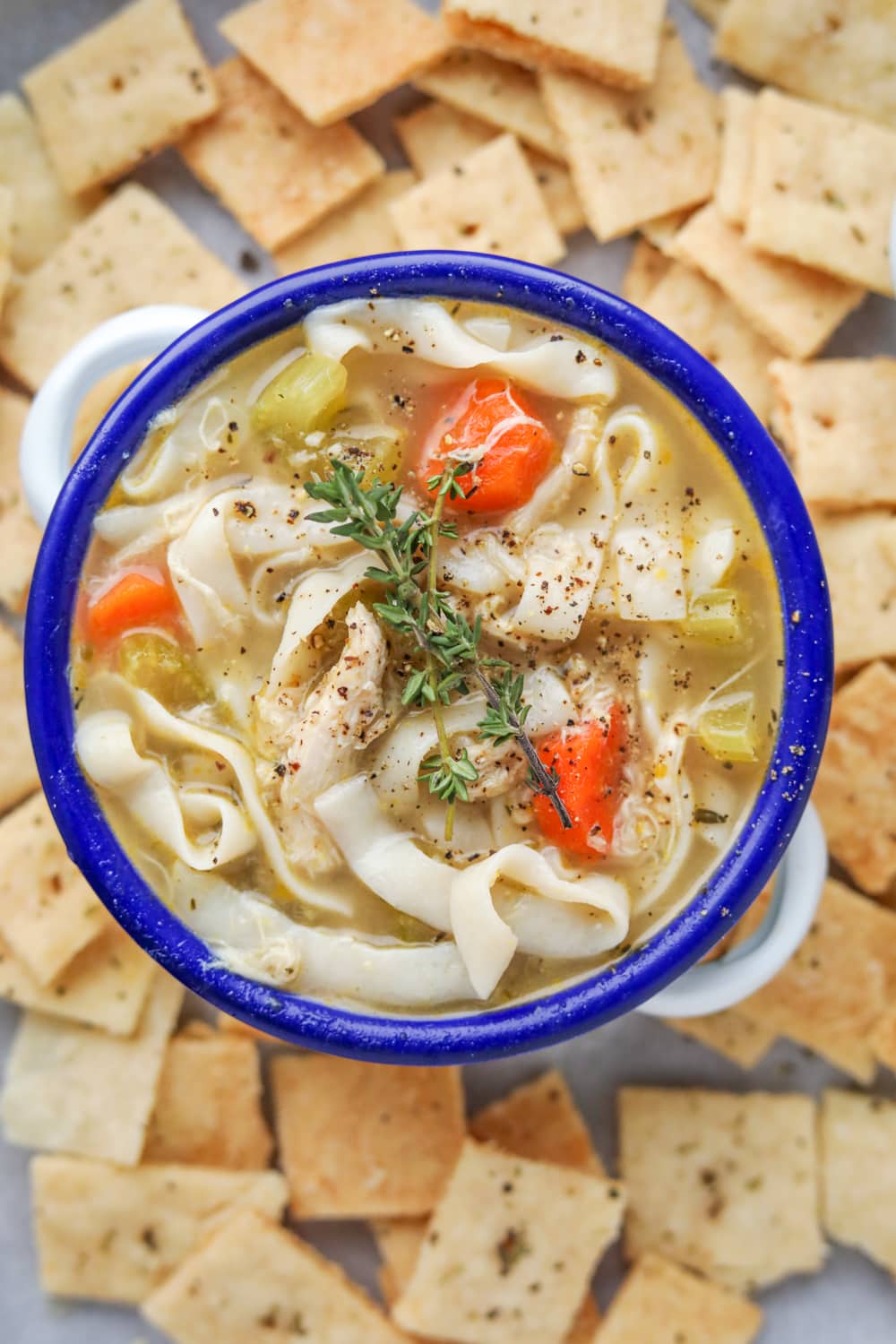 A bowl of chicken noodle soup that's been topped with 2 sprigs of fresh rosemary. There are cheese crackers around the bowl.