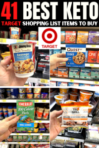 A compilation of a hand holding 4 low carb items with text above them that reads "41 best keto Target shopping list items".