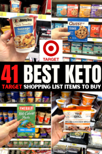 A compilation of a hand holding 4 low carb items with text above them that reads "41 best keto Target shopping list items".