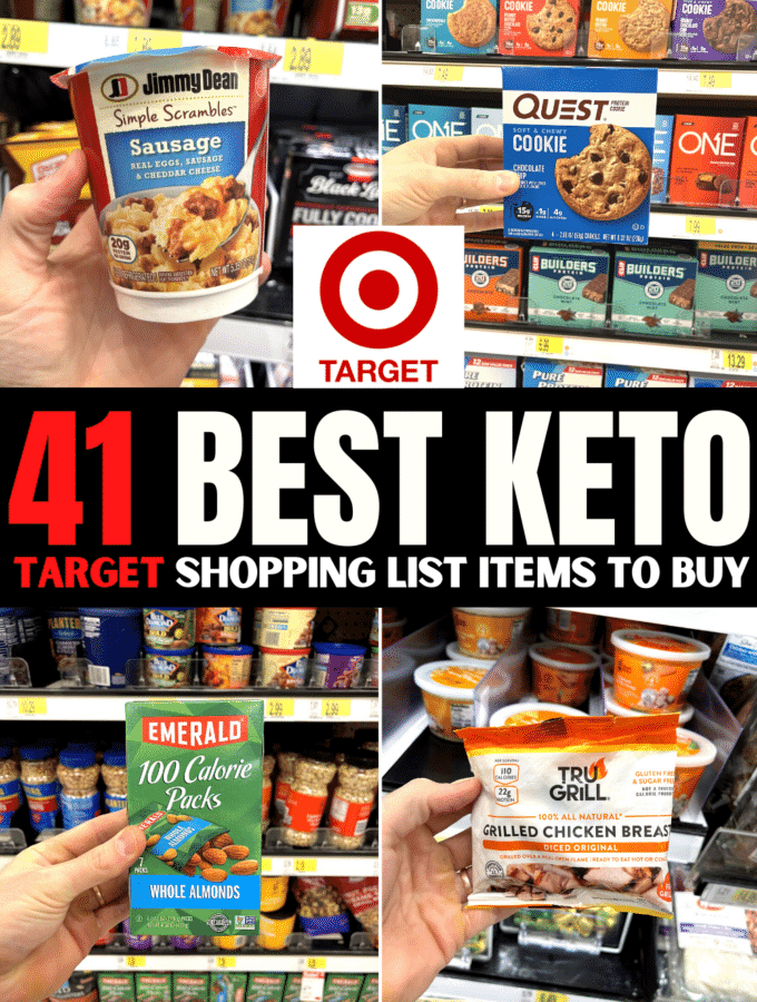 A compilation of a hand holding 4 low carb items with text above them that reads "41 best keto Target shopping list items".