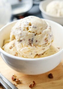 Ice cream in a white bowl.