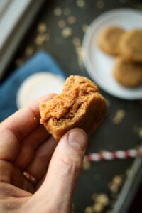 A hand holding a peanut butter cookie that has a bite taken out of it.