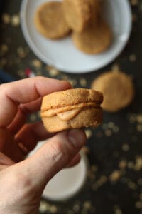 A hand holding a peanut butter cookie.