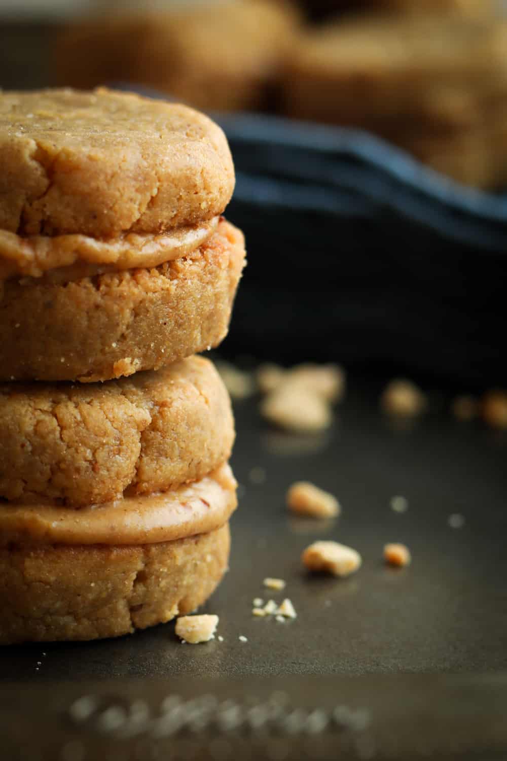 Two peanut butter cookies stacked on top of each other.