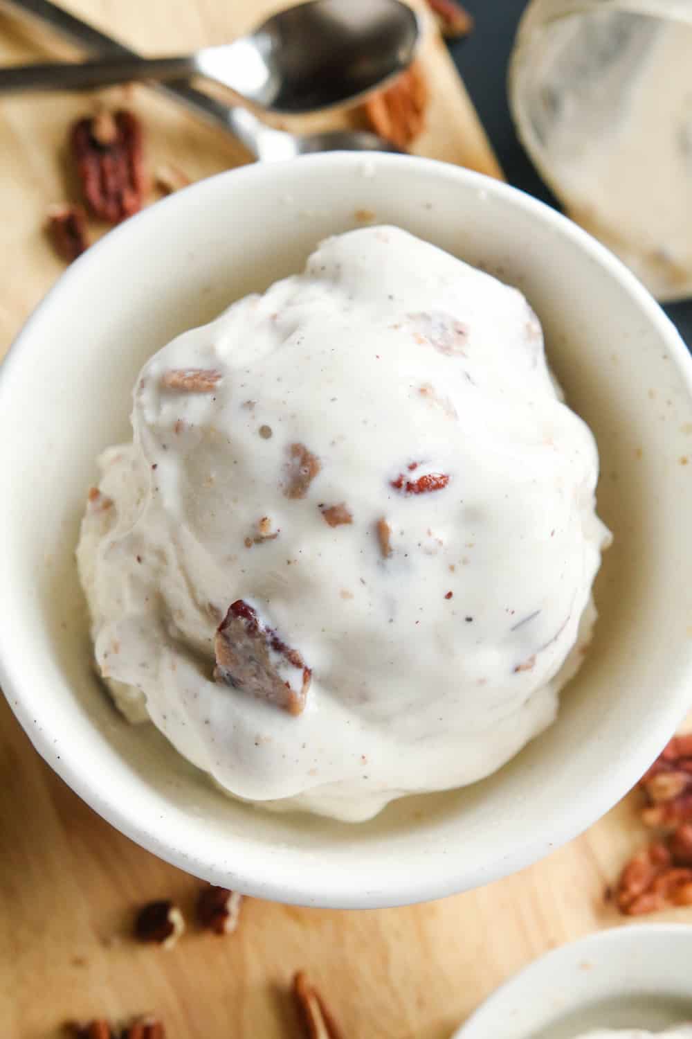 Ice cream in a white bowl.