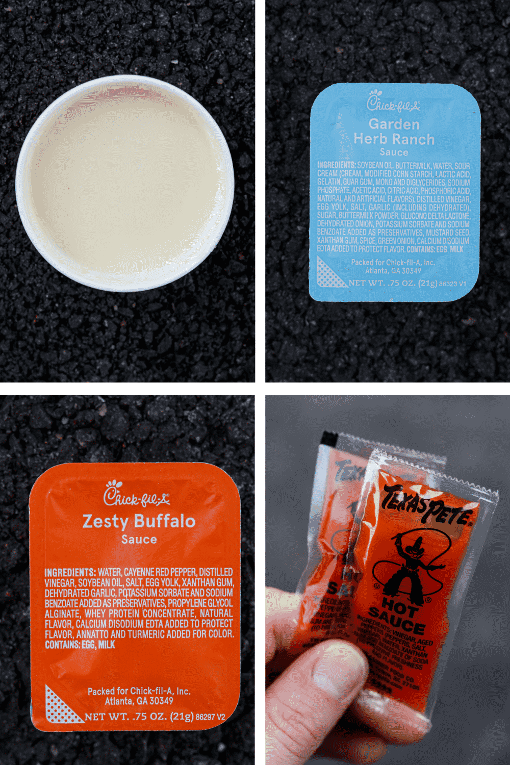 A compilation of 4 Different sauces. There's queso, zesty buffalo sauce, garden herb ranch, and hot sauce.