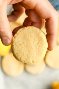 A hand holding a lemon cookie.