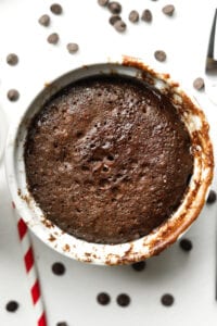 A chocolate cake in a white mug.