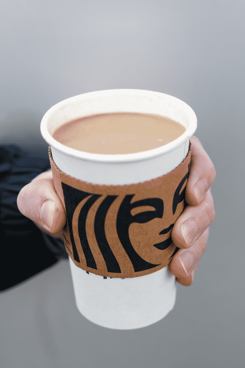 A hand holding a cup of Starbucks flat white.