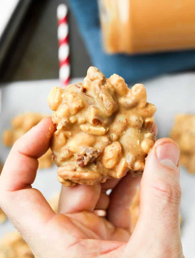 A hand holding a nut cluster.