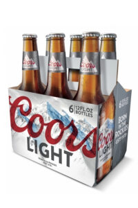 A six pack of Coors Light beer bottles.