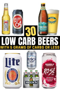 A compilation of the best low carb beers. There are 6 different beer bottles and cans shown.