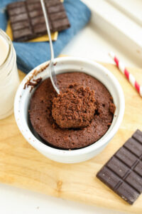 A fork holding piece of chocolate cake in a white mug. There is a piece of chocolate, a glass of milk, a blue napkin, and a red and white straw, next to the mug.