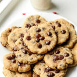 A white plate filled with chocolate chip cookies, and a glass of milk behind it.