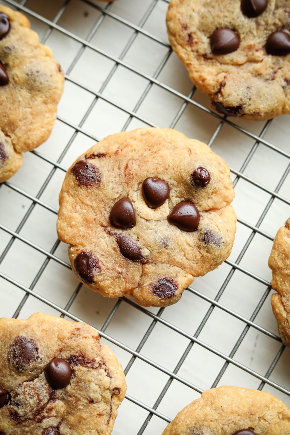 A chocolate chip cookie on a metal wire rack.