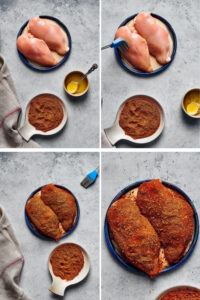 A four picture montage: the top left is a small plate with two chicken breasts on it, a small tray blackened seasoning, and a small bowl of melted butter. The top right picture has a plate with two chicken breasts on it being brushed with butter and a small tray of blackened seasoning in front of it. The bottom left picture has a plate with two blackened chicken breasts on it with a small tray of seasonings in front of it. The bottom right has a Play with two blackened chicken breasts on it. Everything is on a gray counter top.