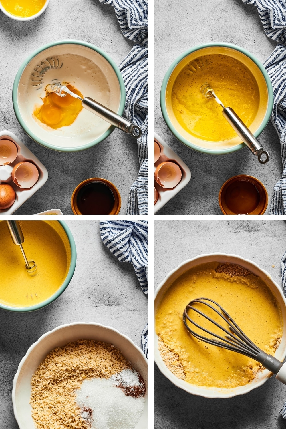 A four-way split picture: the top left is a bowl filled with white banana bread ingredients, the top right there's a bowl with the wet ingredients mixed, the bottom left is the white ingredient mixture ball and a bowl of dry ingredients, and the bottom right is a bowl with the wet and dry ingredients.