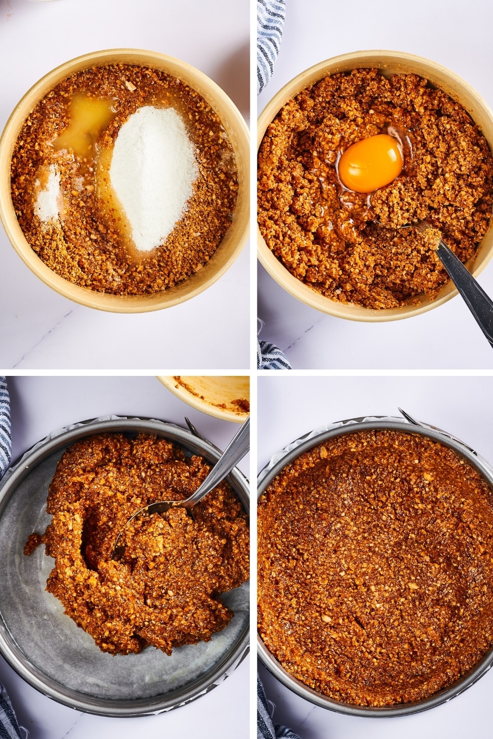 A four way split picture showing the process of making almond flour cheesecake crust.