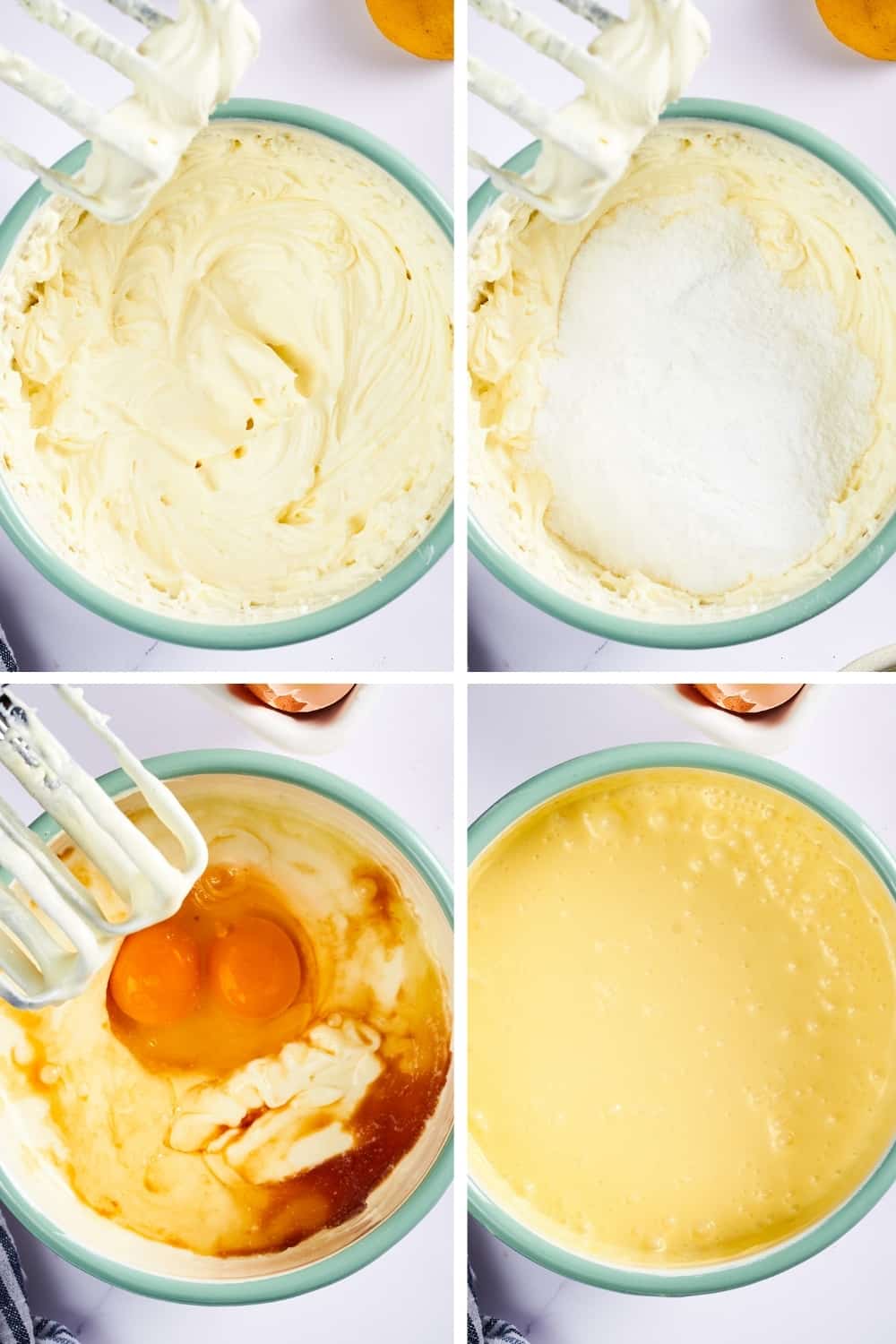 A four way split picture showing the process of making cheesecake filling.