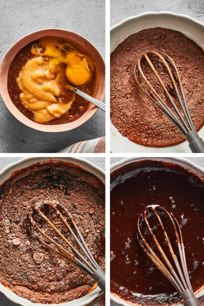 A four-way split picture: the top left picture is a small bowl with cocoa powder, applesauce, and an egg. The top right picture is a white bowl of dry ingredients for brownies. The bottom left picture is a white bowl with dry and wet ingredients for brownies. The bottom right picture is a white bowl with brownie batter.