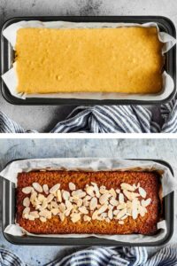 And a two way split picture with the top showing a loaf pan lined with parchment paper with banana bread batter in it and the bottom is a loaf pan lined with parchment paper with baked banana bread in it.