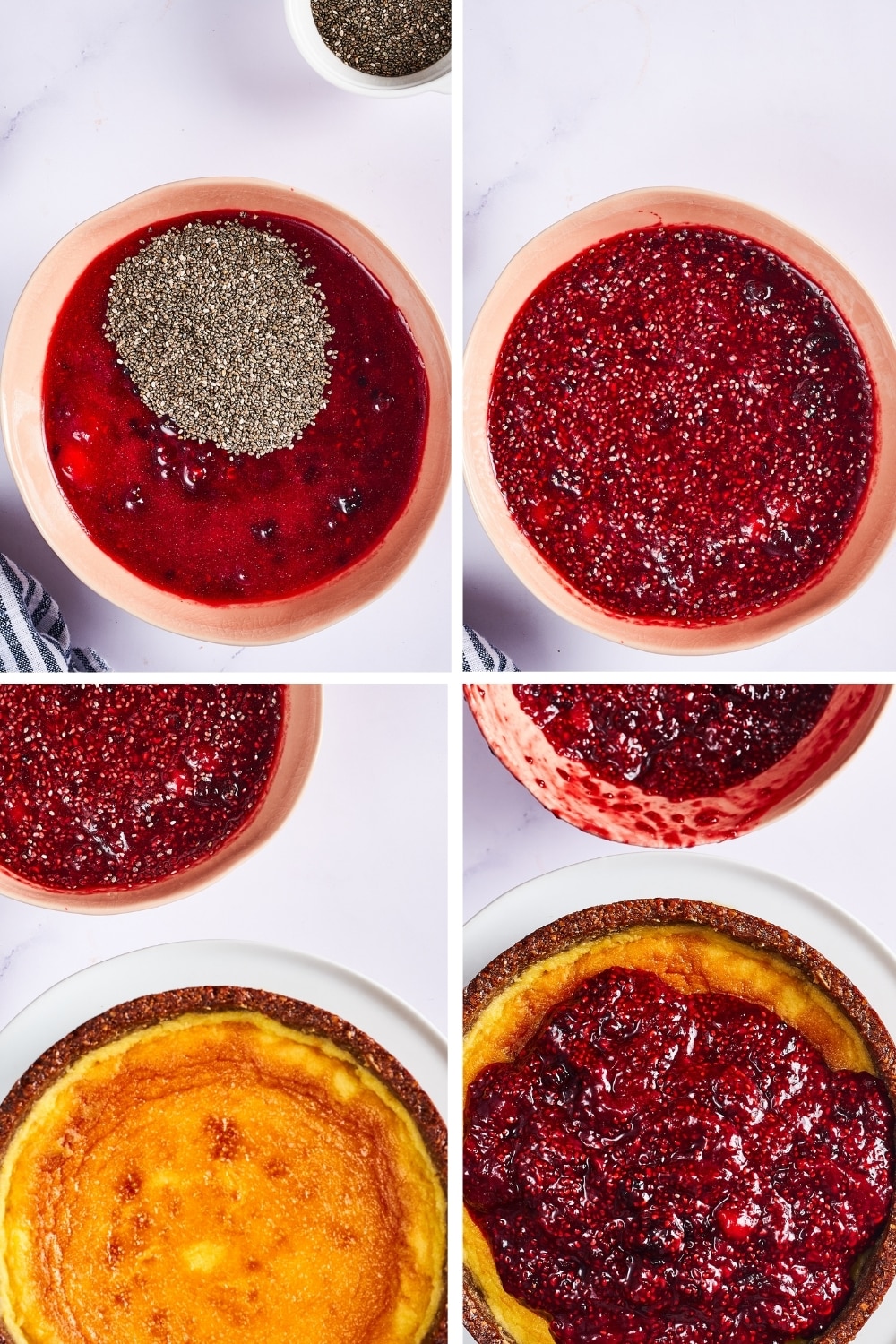 A four way split picture showing the process of making a raspberry chia cheesecake topping.