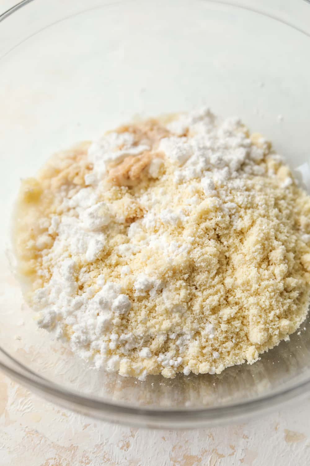 Dry ingredients in a glass bowl.