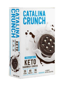 A box of Catalina crunch keto sandwich cookies.