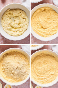 A four way split picture showing the process of making cake batter.