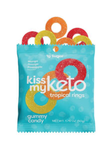 A bag of kiss my keto tropical rings gummy candy. There are six rings coming out of the top of the bag.