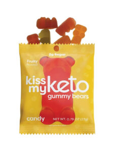 A bag of kiss my keto gummy bears candy. There are five gummy bears coming out of the top of the bag.