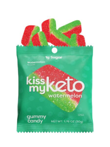 A green bag of kiss my keto watermelon gummy candy. There are six watermelon's coming out of the top of the bag.