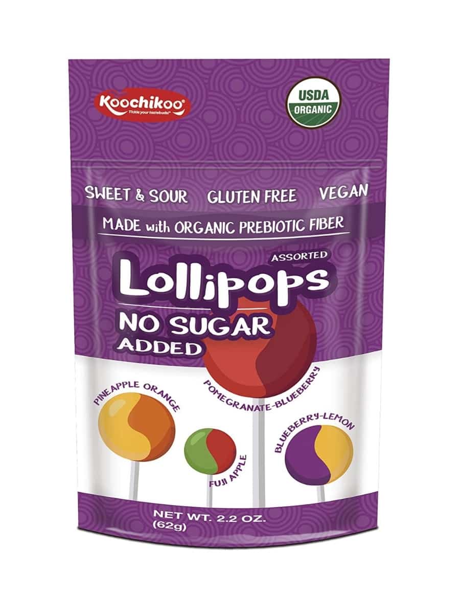 A bag of koochickoo organic no sugar added lollipops.