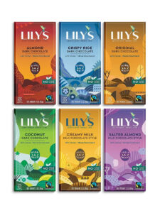 Six Lillys chocolate bars. There is almond dark chocolate, crispy rice dark chocolate, original dark chocolate, coconut dark chocolate, creamy milk milk chocolate style, and salted almond milk chocolate style.