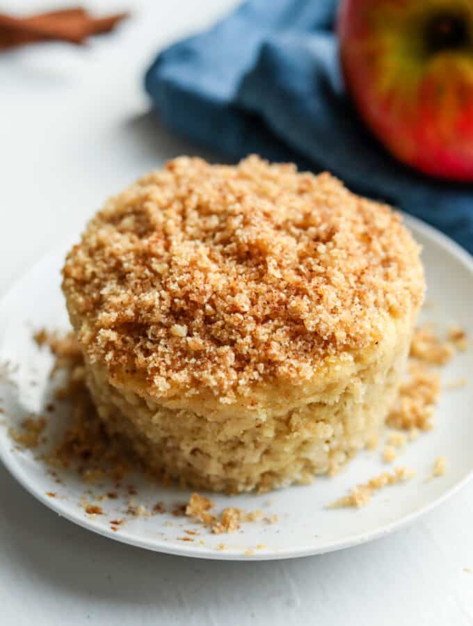 An apple spice cake on a white plate.