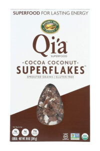 A box Q'ia cocoa coconut superflakes cereal.