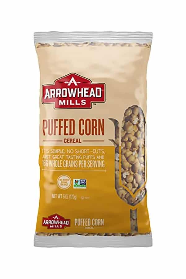 A bag of arrowhead Mills puffed corn cereal.