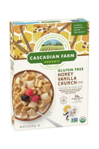 A box of Cascadian Farms gluten-free honey vanilla crunch cereal.