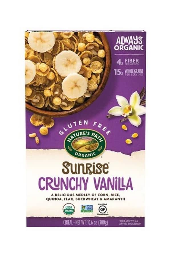 A box of natures path organic sunrise crunchy vanilla cereal.