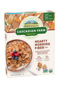 A box of Cascadian Farm hearty morning fiber cereal.