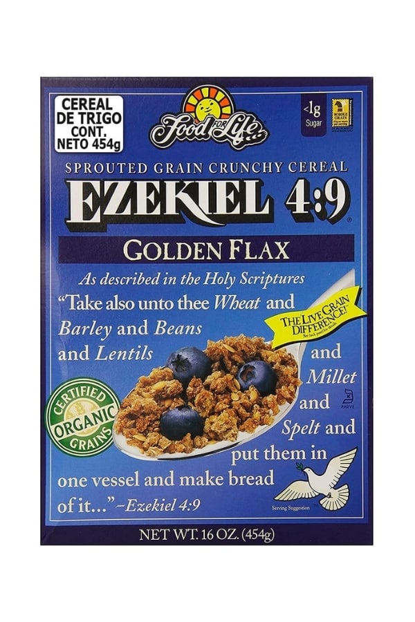 A box of Ezekiel golden flax cereal.