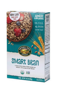 A box of natures path organic smart bran cereal.