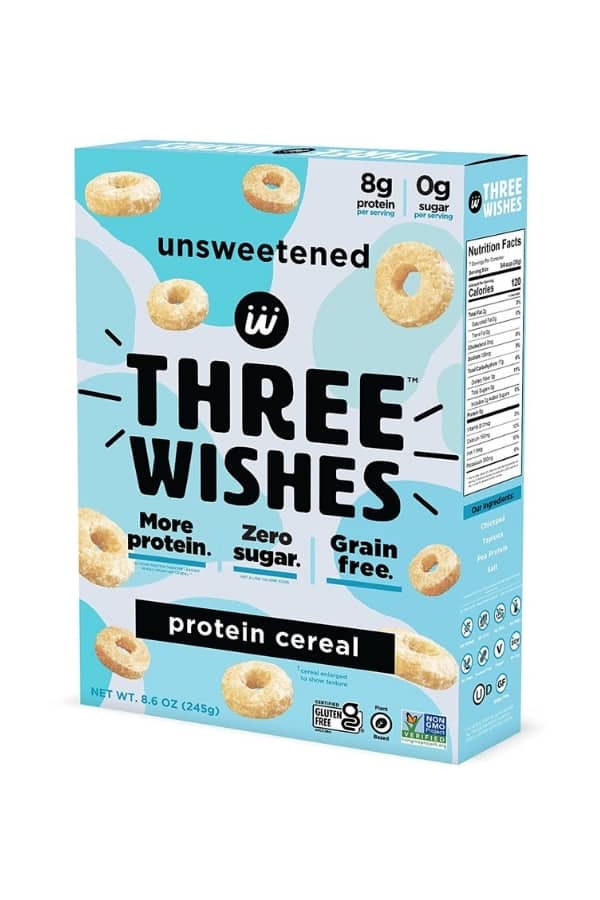 A box of three wishes unsweetened protein cereal.