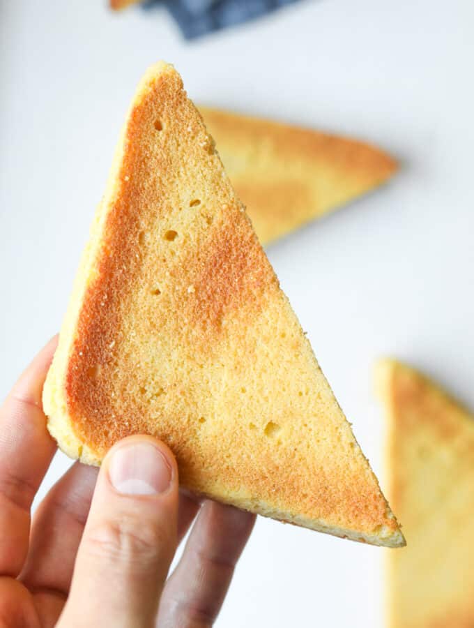 A hand holding a slice of toast.