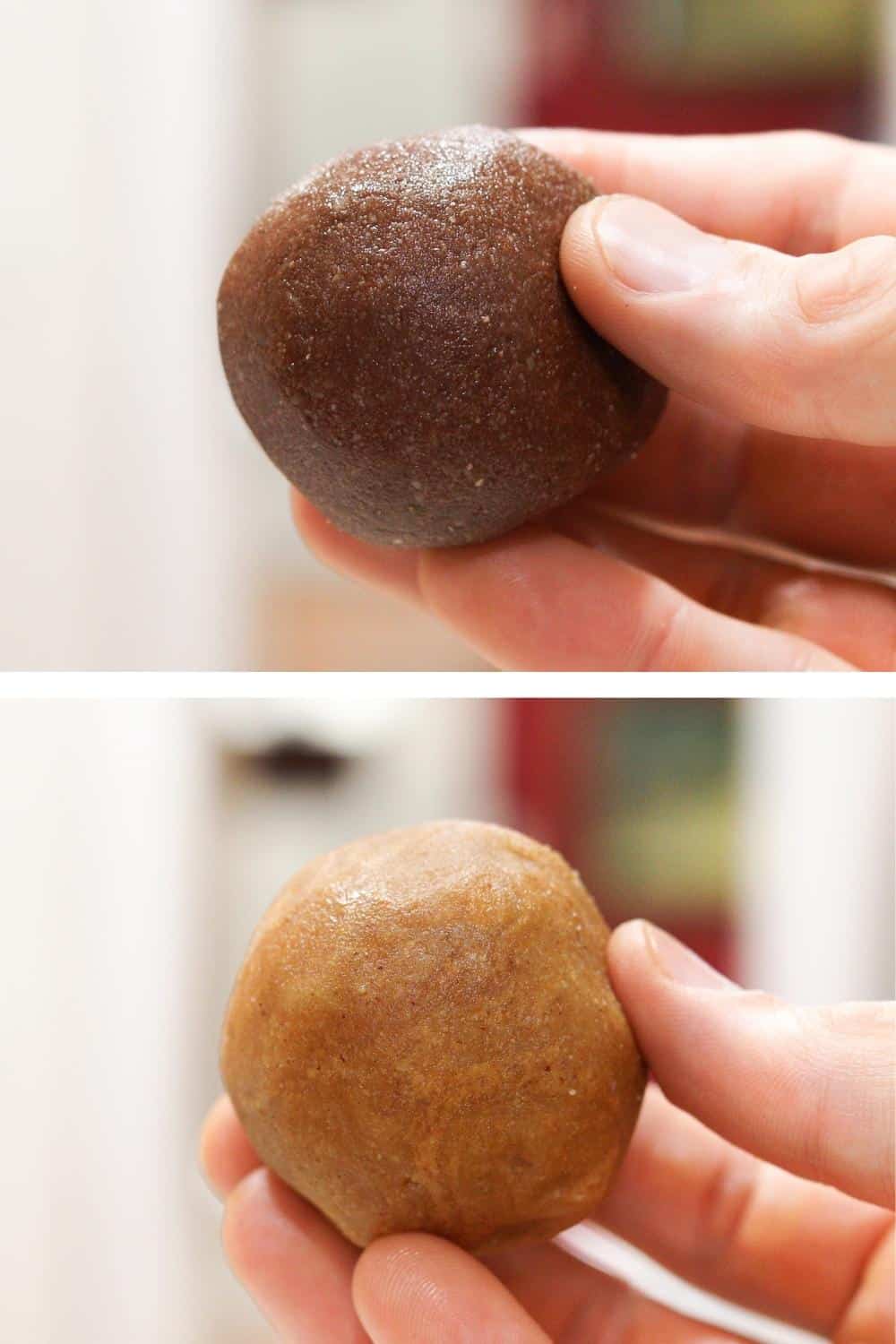 A hand holding a ball of chocolate cookie dough, and another hand holding a ball of peanut butter cookie dough.