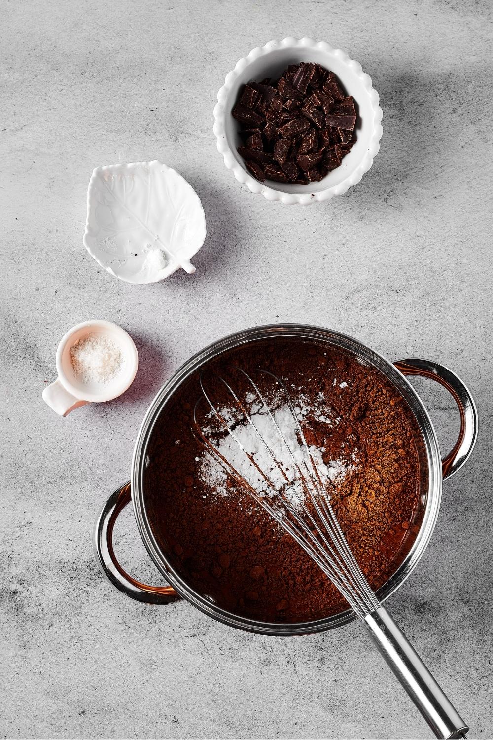 A pot filled with sugar free hot chocolate ingredients with a whiskey in it. Behind the pot is a small bowl of salt and a small white bowl of dark chocolate pieces.