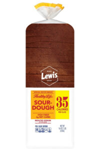 A bag of Lewis Bake Shop healthy life sourdough bread.