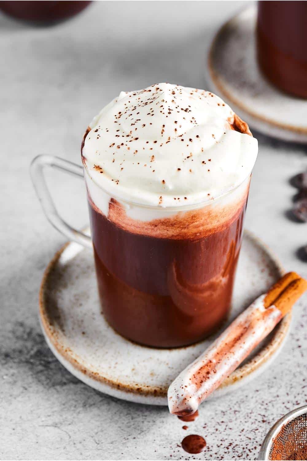 A glass mug filled with hot chocolate with whip cream on top on a grey plate with a cinnamon stick line across it.